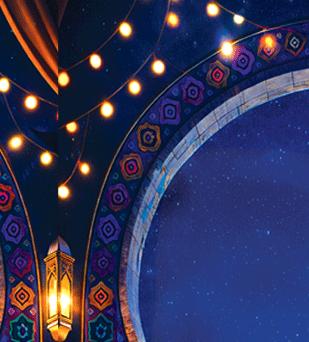 Festive night sky background with a traditional patterned arch, glowing string lights, and a warm lantern glow.