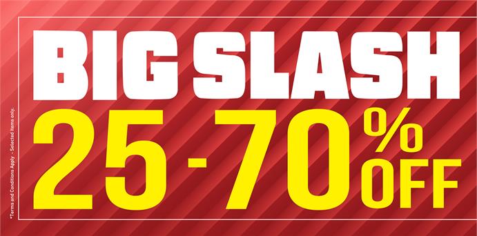 K.M. Trading Big Slash sale banner offering 25% to 70% off on a red striped background.